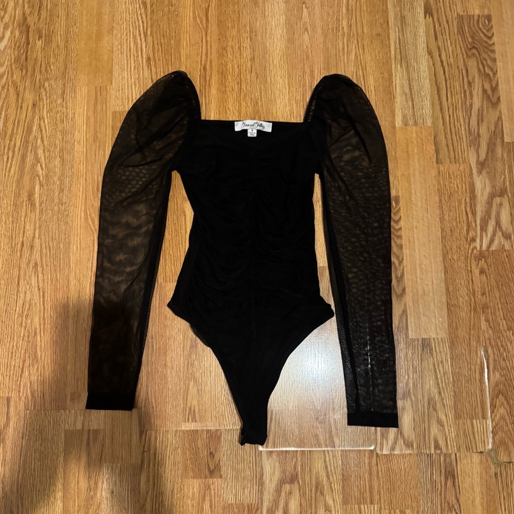 Vine and Valley black long sleeve mesh bodysuit with ruching detail
